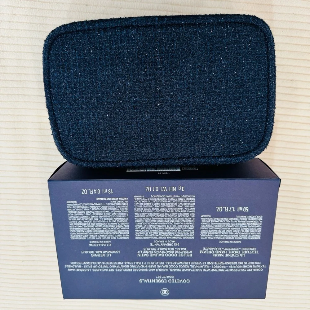 CHANEL Holiday Set 25 in Coveted Essentials with Navy Glimmer Tweed Pouch